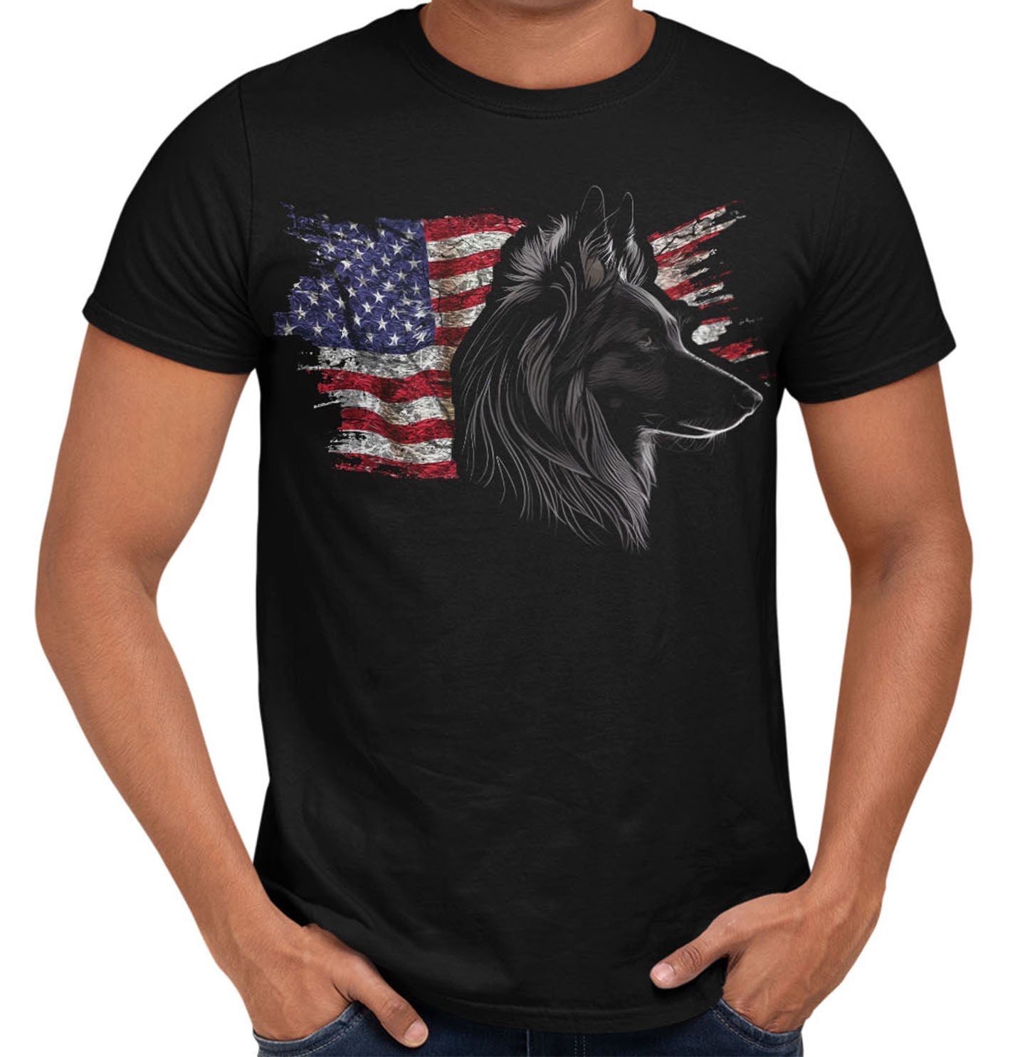 Patriotic Belgian Sheepdog American Flag - Adult Unisex T-Shirt