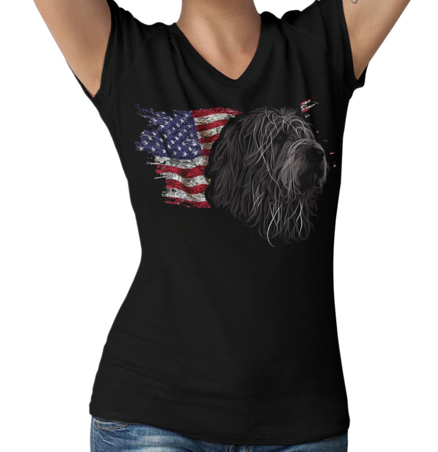 Patriotic Bergamasco Sheepdog American Flag - Women's V-Neck T-Shirt