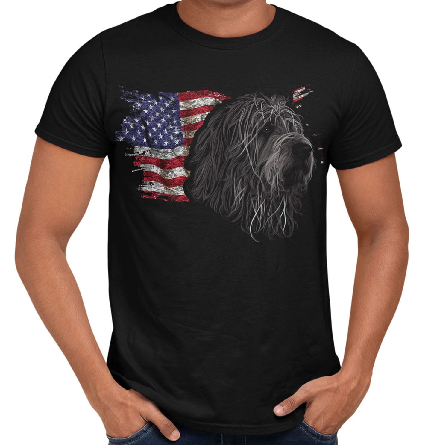 Patriotic Bergamasco Sheepdog American Flag - Adult Unisex T-Shirt