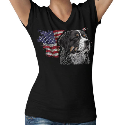 Patriotic Bernese Mountain Dog American Flag - Women's V-Neck T-Shirt