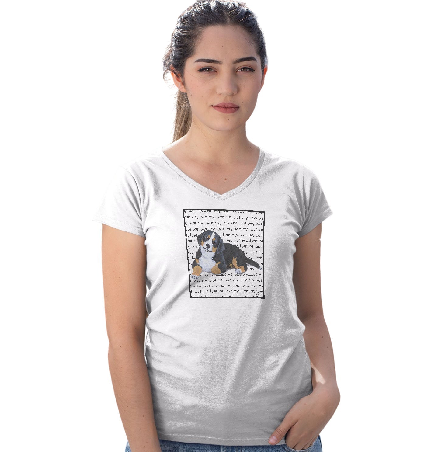 Bernese Mountain Dog Puppy Love Text - Women's V-Neck T-Shirt