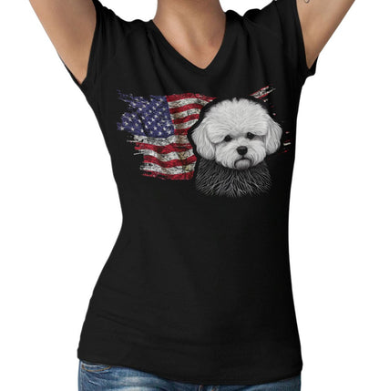 Patriotic Bichon Frise American Flag - Women's V-Neck T-Shirt