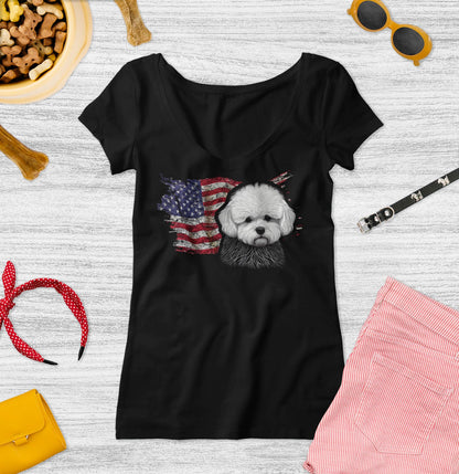 Patriotic Bichon Frise American Flag - Women's V-Neck T-Shirt