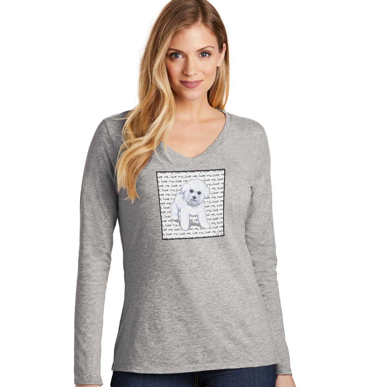 Bichon Frise Puppy Love Text - Women's V-Neck Long Sleeve T-Shirt