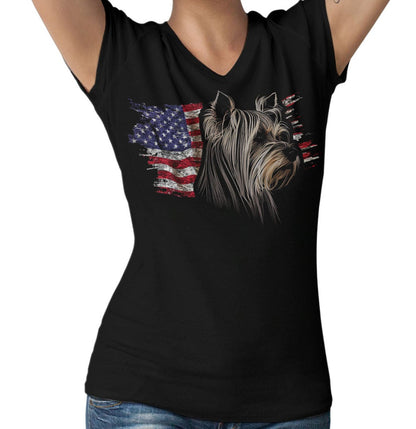 Patriotic Biewer Terrier American Flag - Women's V-Neck T-Shirt