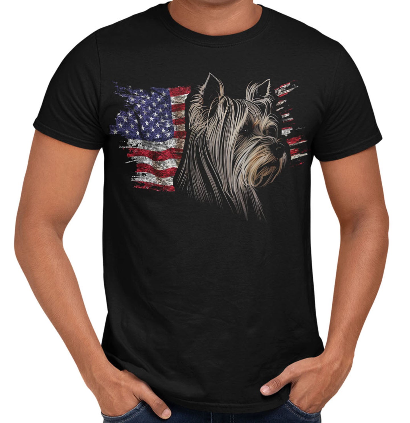 Patriotic Biewer Terrier American Flag - Adult Unisex T-Shirt