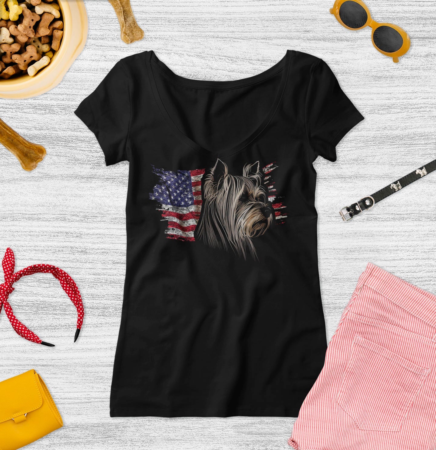 Patriotic Biewer Terrier American Flag - Women's V-Neck T-Shirt