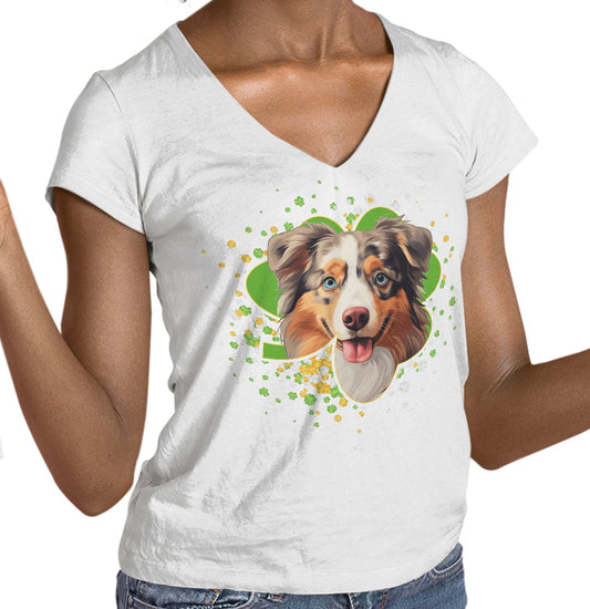 Big Clover St. Patrick's Day Australian Shepherd - Women's V-Neck T-Shirt