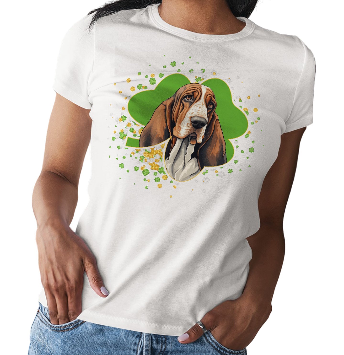 Big Clover St. Patrick's Day Basset Hound - Women's Fitted T-Shirt