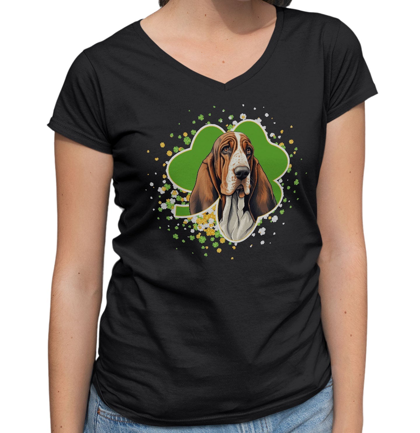Big Clover St. Patrick's Day Basset Hound - Women's V-Neck T-Shirt