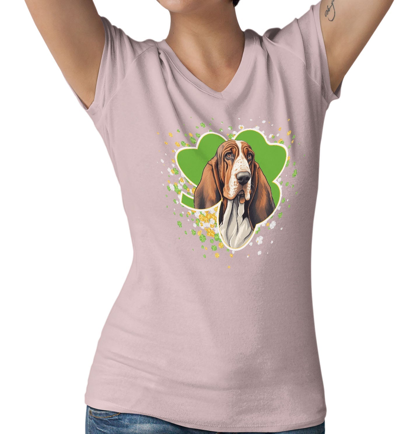 Big Clover St. Patrick's Day Basset Hound - Women's V-Neck T-Shirt