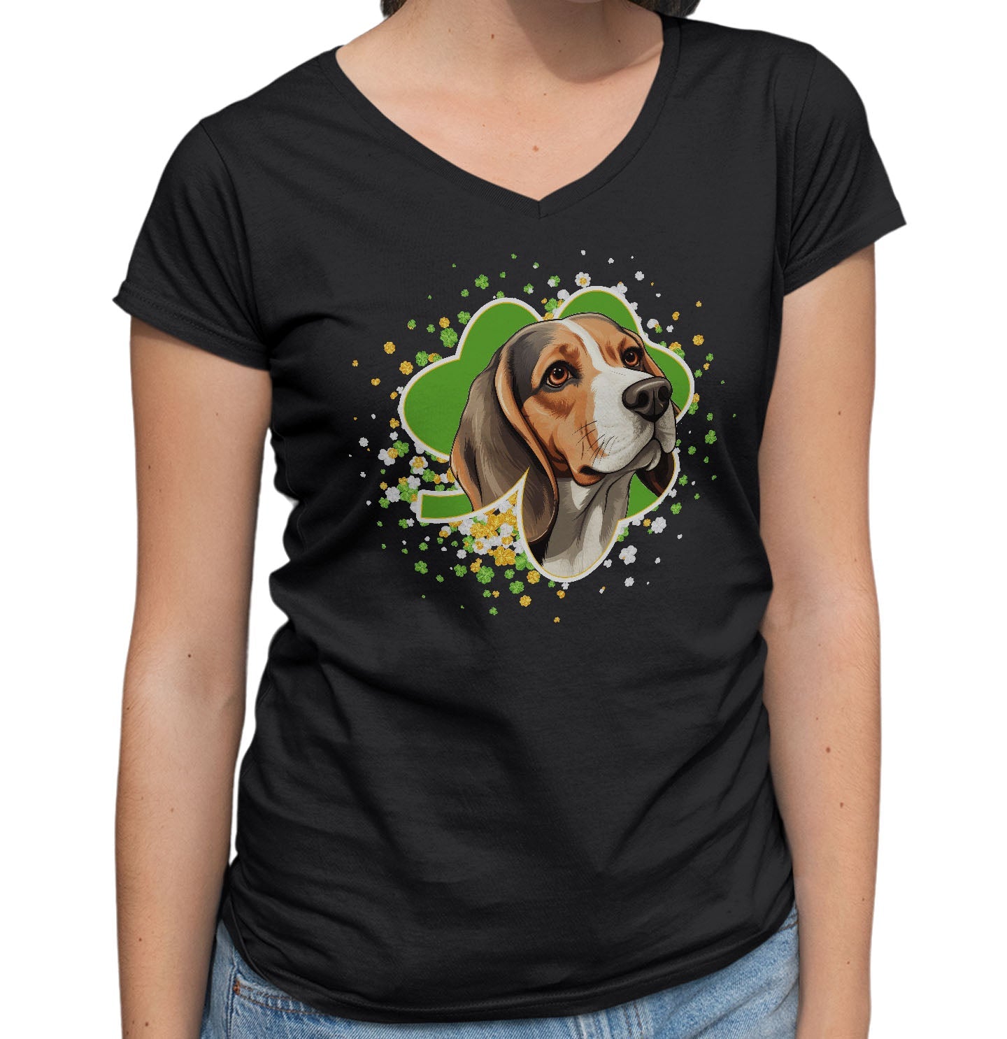Big Clover St. Patrick's Day Beagle - Women's V-Neck T-Shirt
