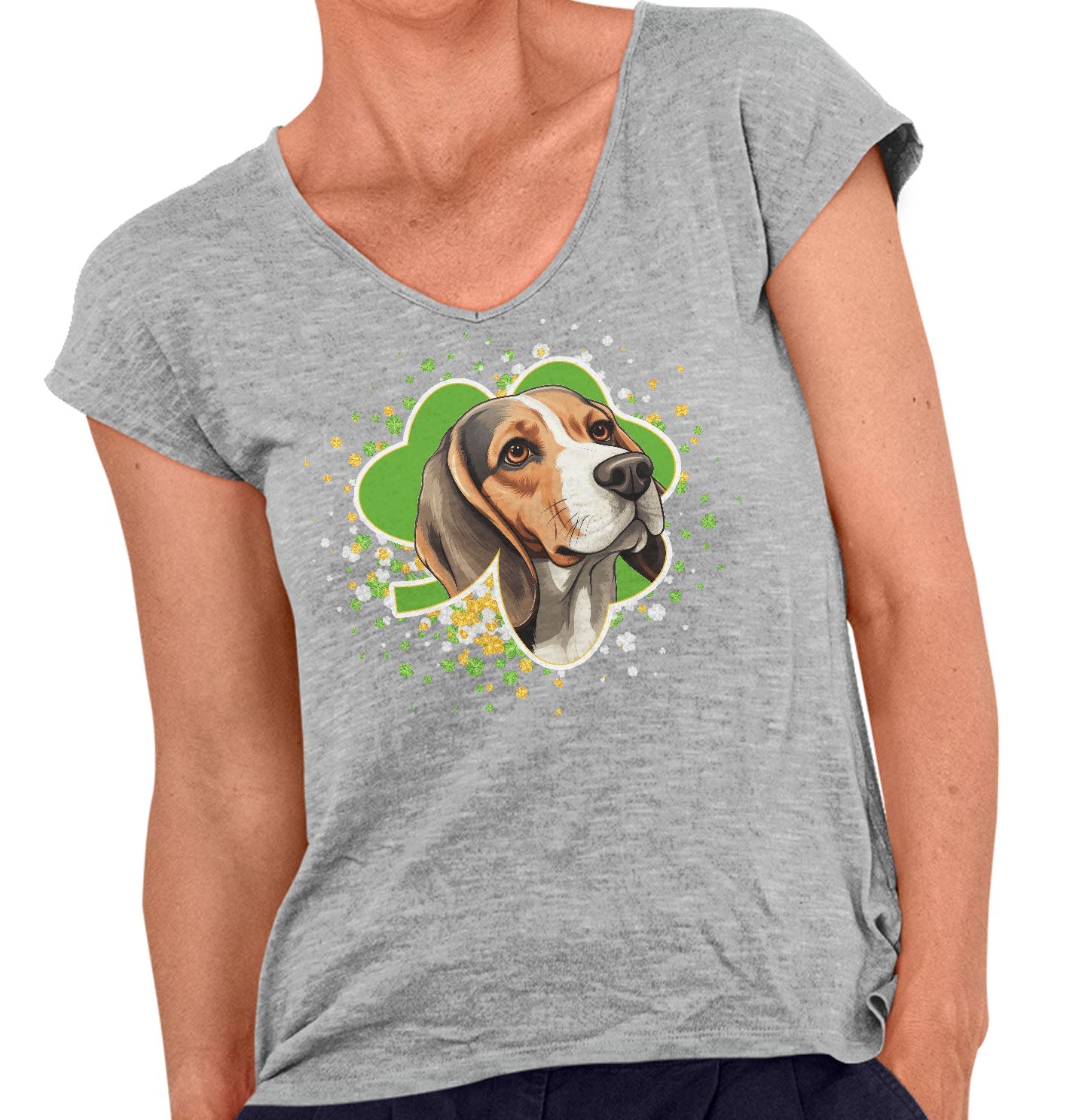 Big Clover St. Patrick's Day Beagle - Women's V-Neck T-Shirt
