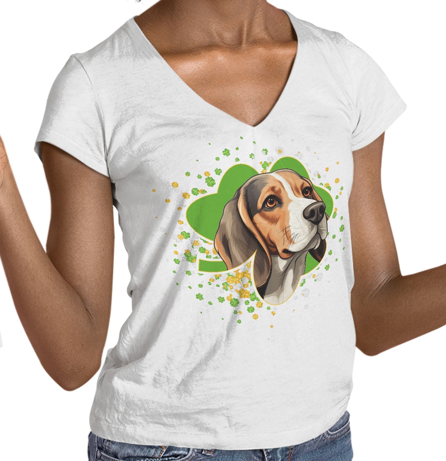 Big Clover St. Patrick's Day Beagle - Women's V-Neck T-Shirt