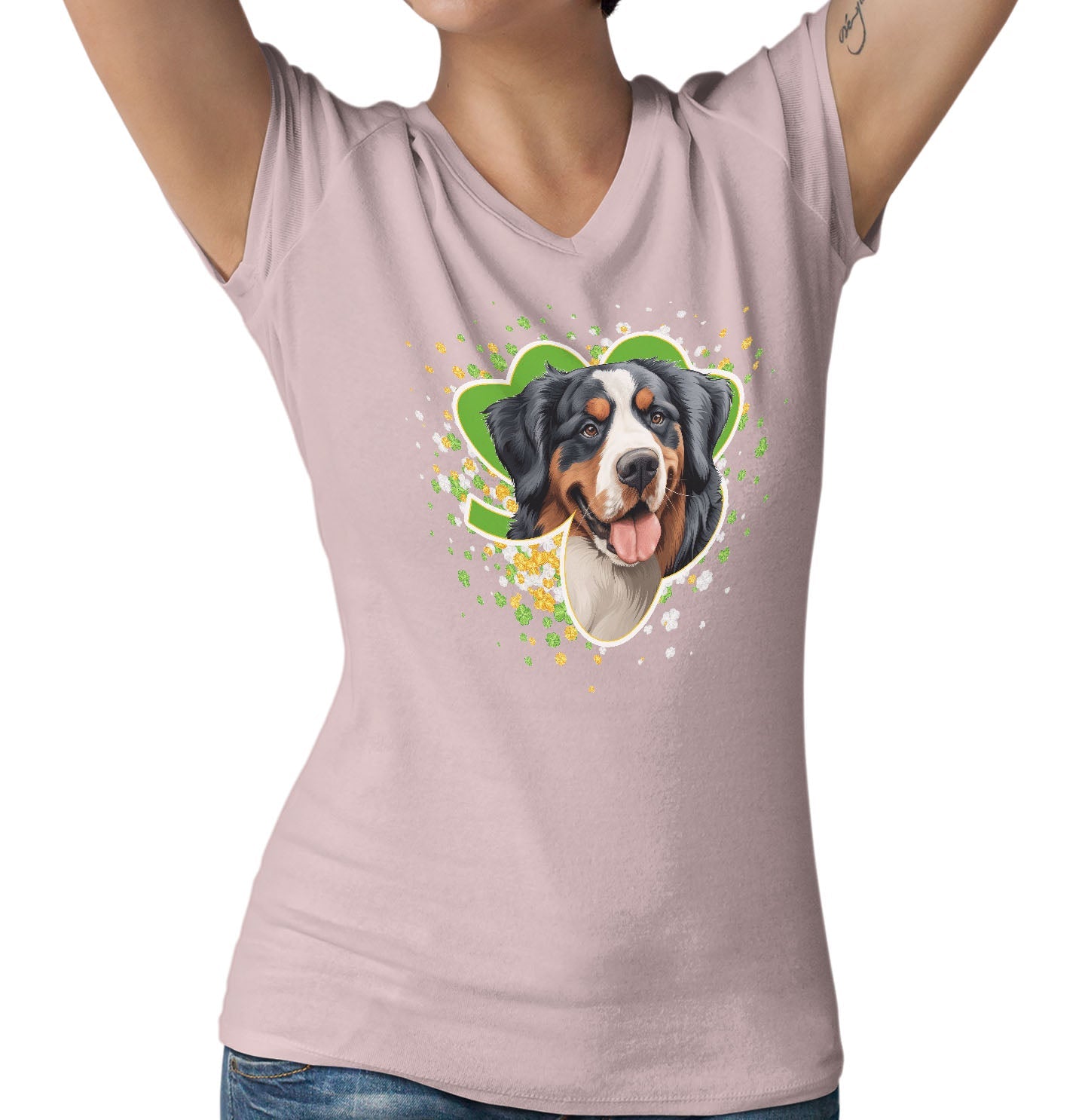Big Clover St. Patrick's Day Bernese Mountain Dog - Women's V-Neck T-Shirt