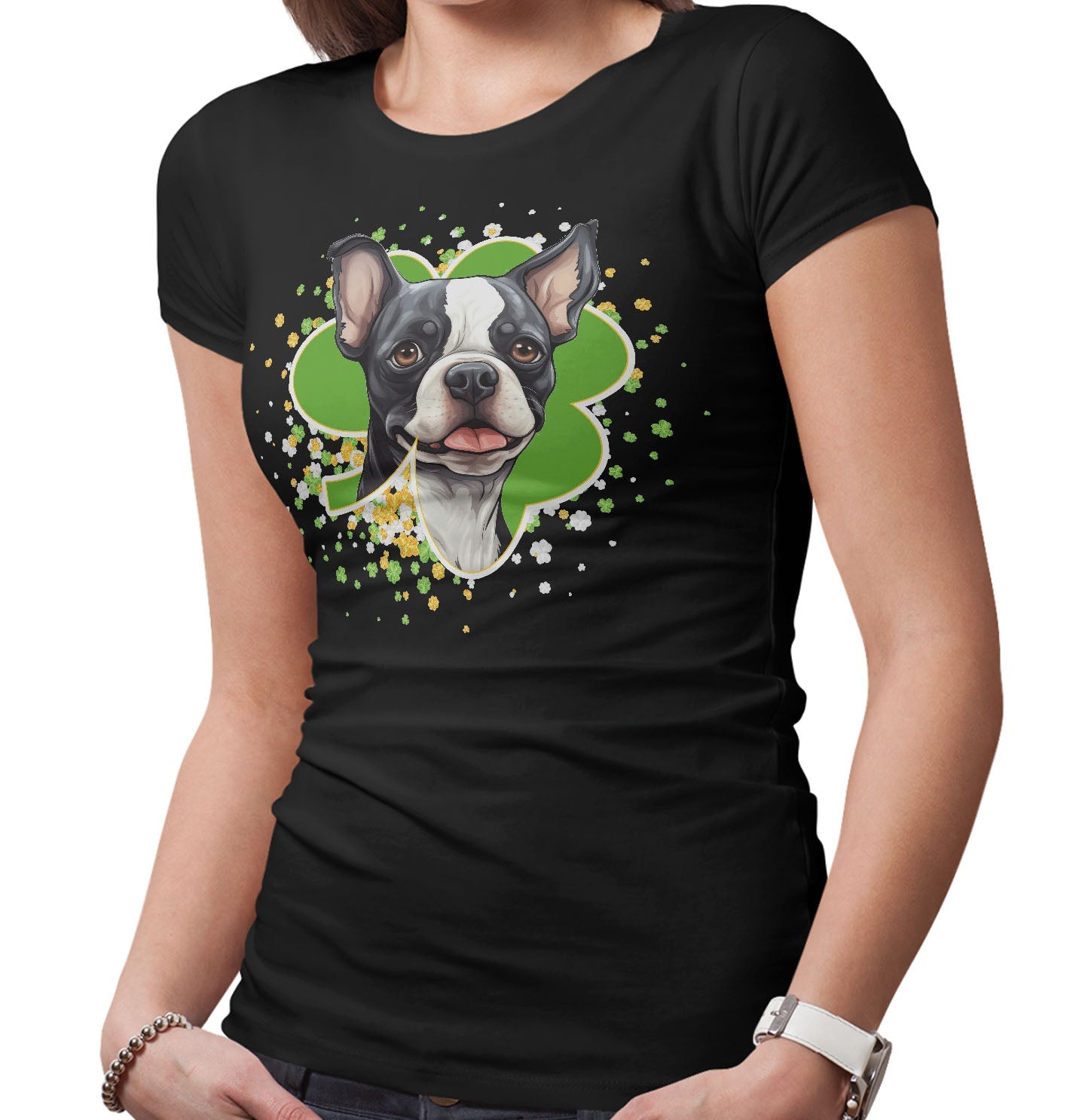Big Clover St. Patrick's Day Boston Terrier - Women's Fitted T-Shirt