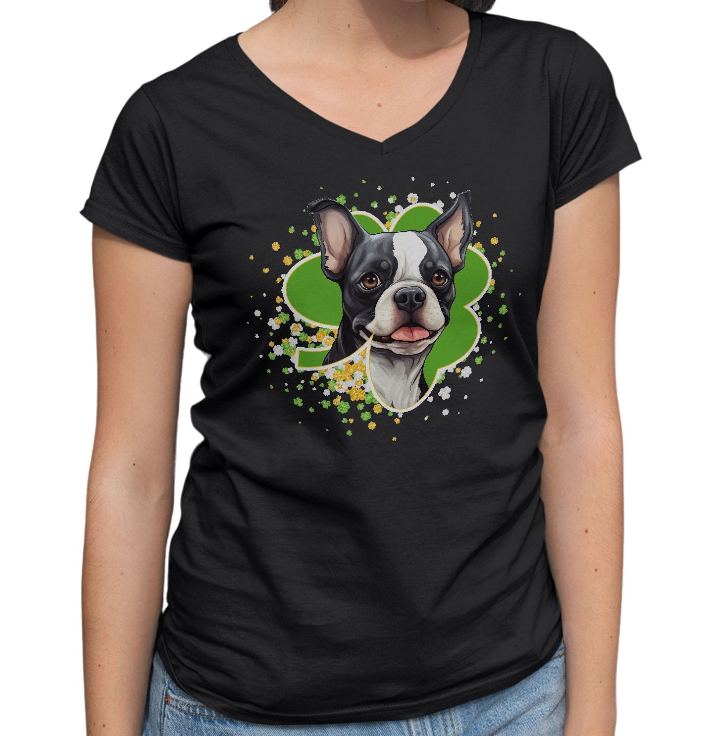 Big Clover St. Patrick's Day Boston Terrier - Women's V-Neck T-Shirt