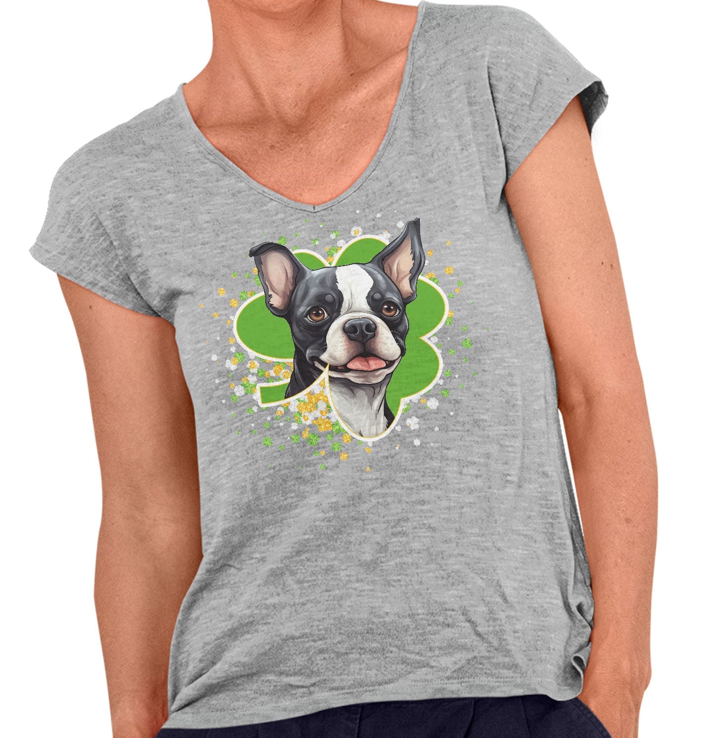 Big Clover St. Patrick's Day Boston Terrier - Women's V-Neck T-Shirt