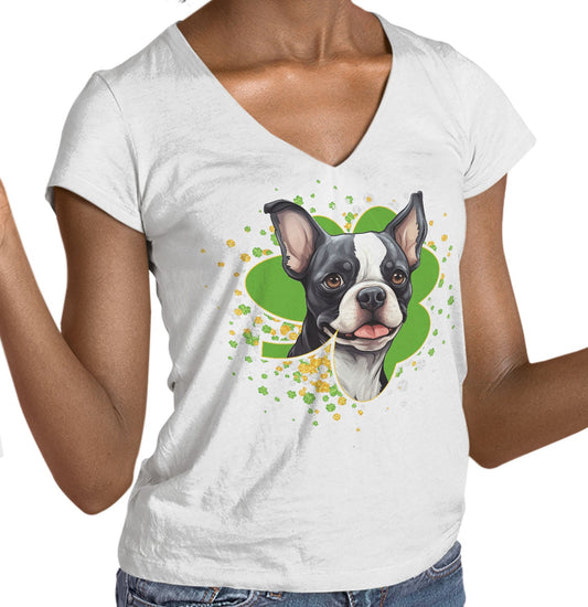 Big Clover St. Patrick's Day Boston Terrier - Women's V-Neck T-Shirt