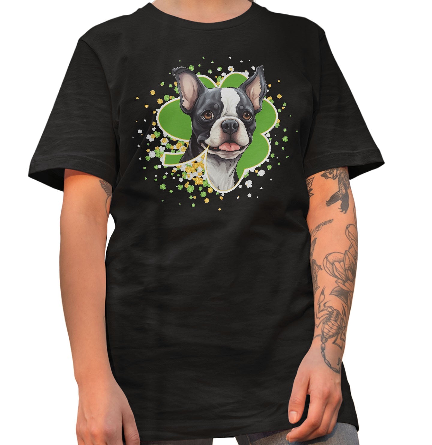 Big Clover St. Patrick's Day Boston Terrier - Adult Unisex T-Shirt