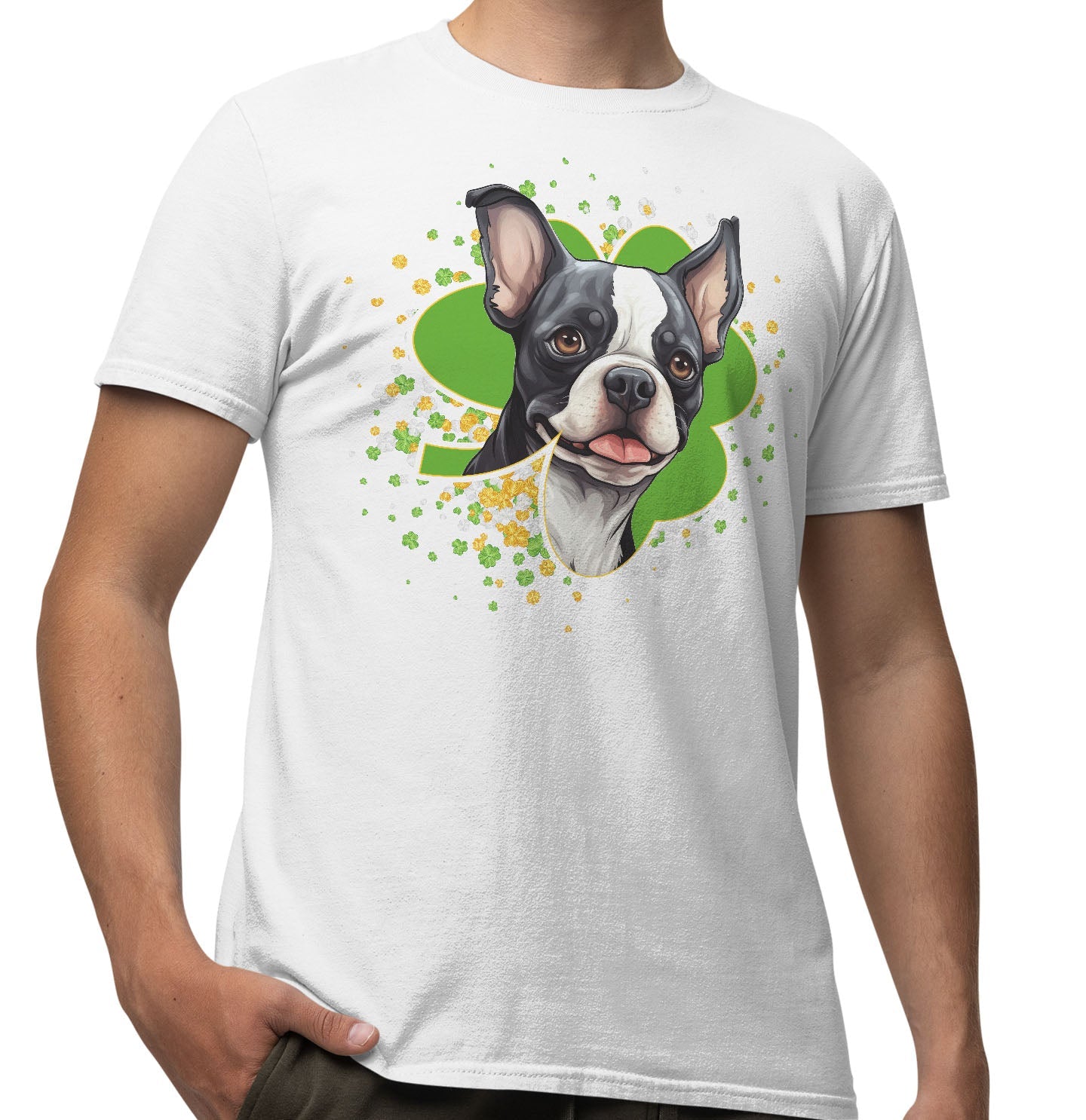 Big Clover St. Patrick's Day Boston Terrier - Adult Unisex T-Shirt