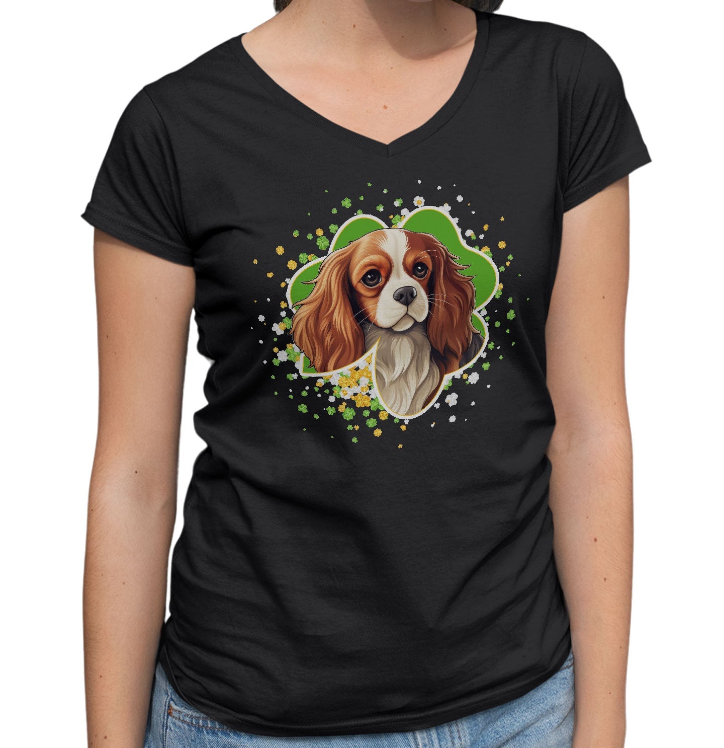 Big Clover St. Patrick's Day Cavalier King Charles Spaniel (Blenheim) - Women's V-Neck T-Shirt