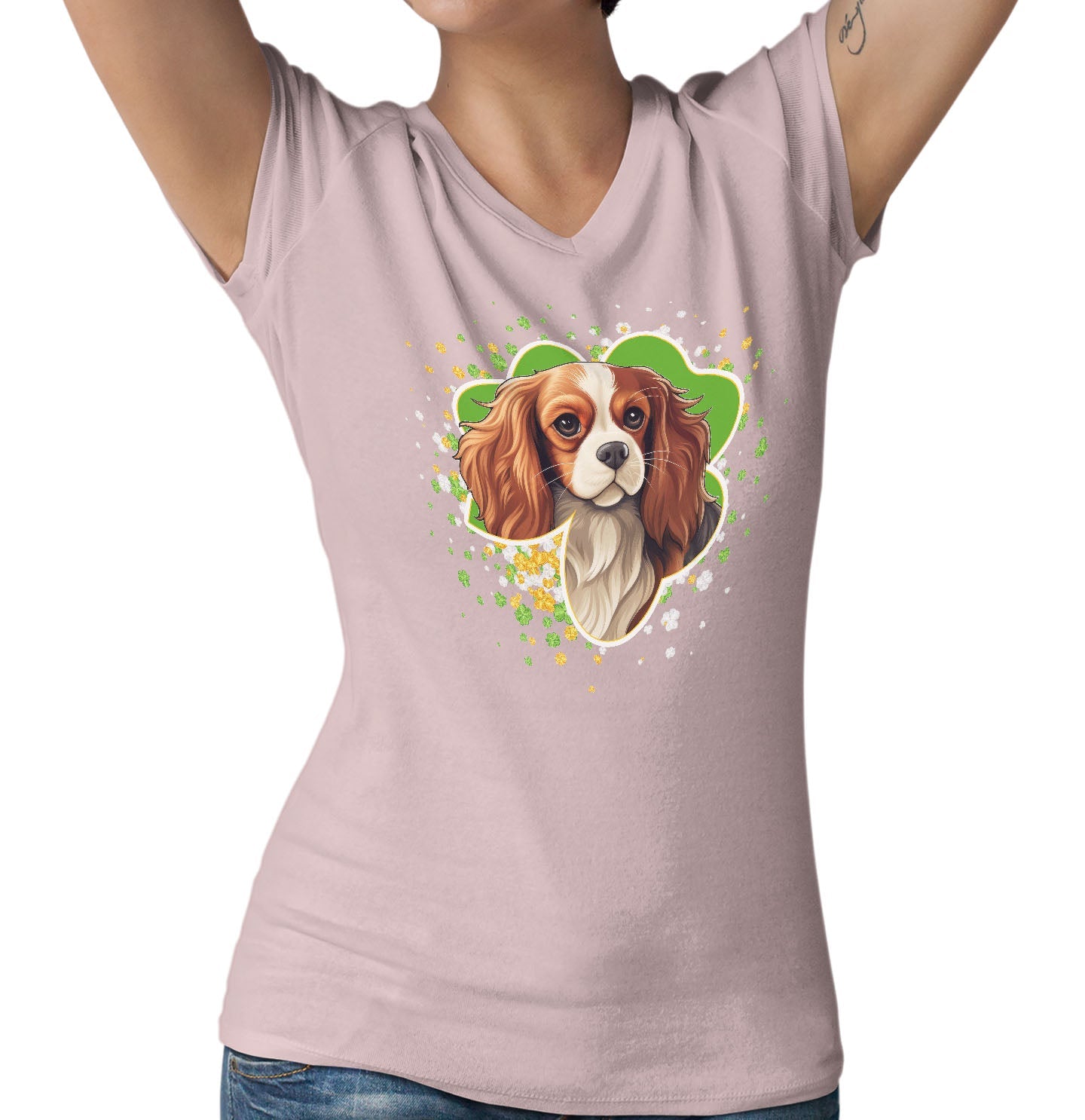 Big Clover St. Patrick's Day Cavalier King Charles Spaniel (Blenheim) - Women's V-Neck T-Shirt