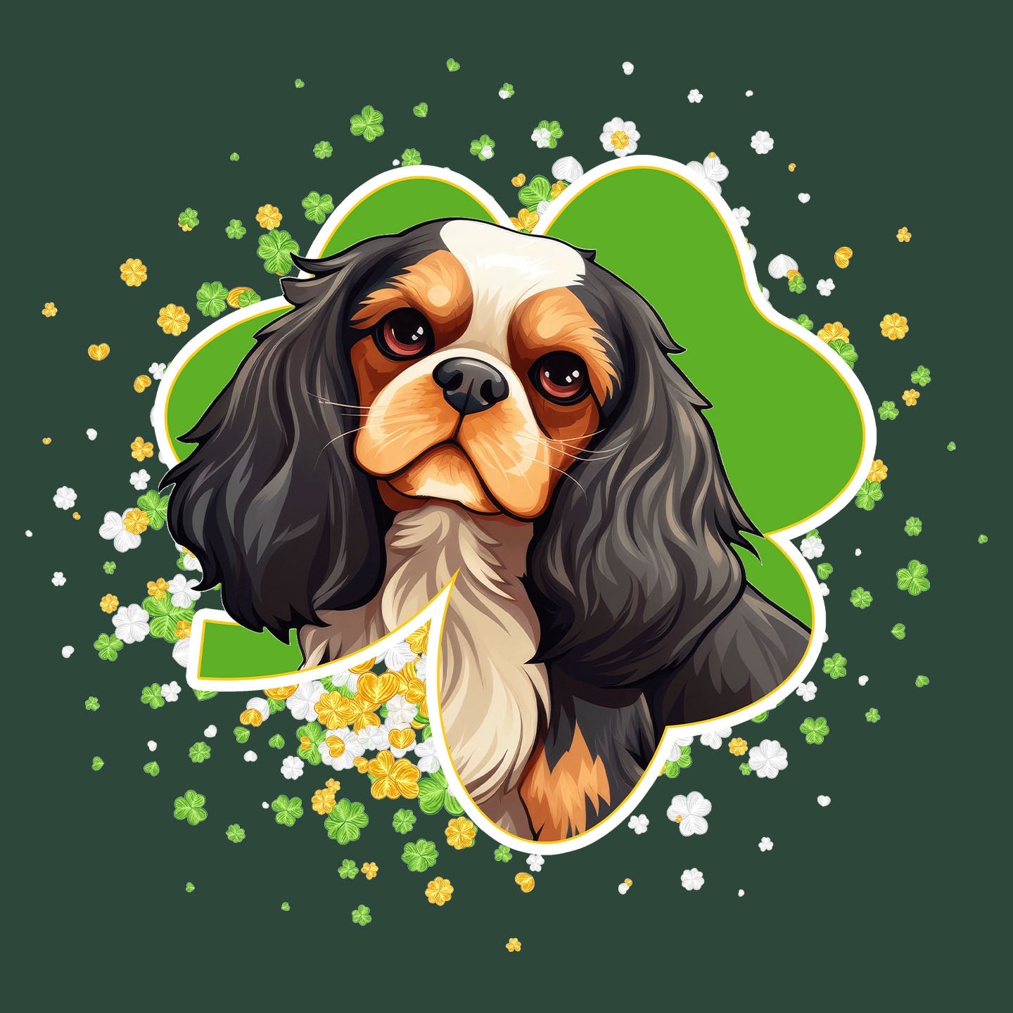 Big Clover St. Patrick's Day Cavalier King Charles Spaniel (Tri Color) - Adult Unisex T-Shirt