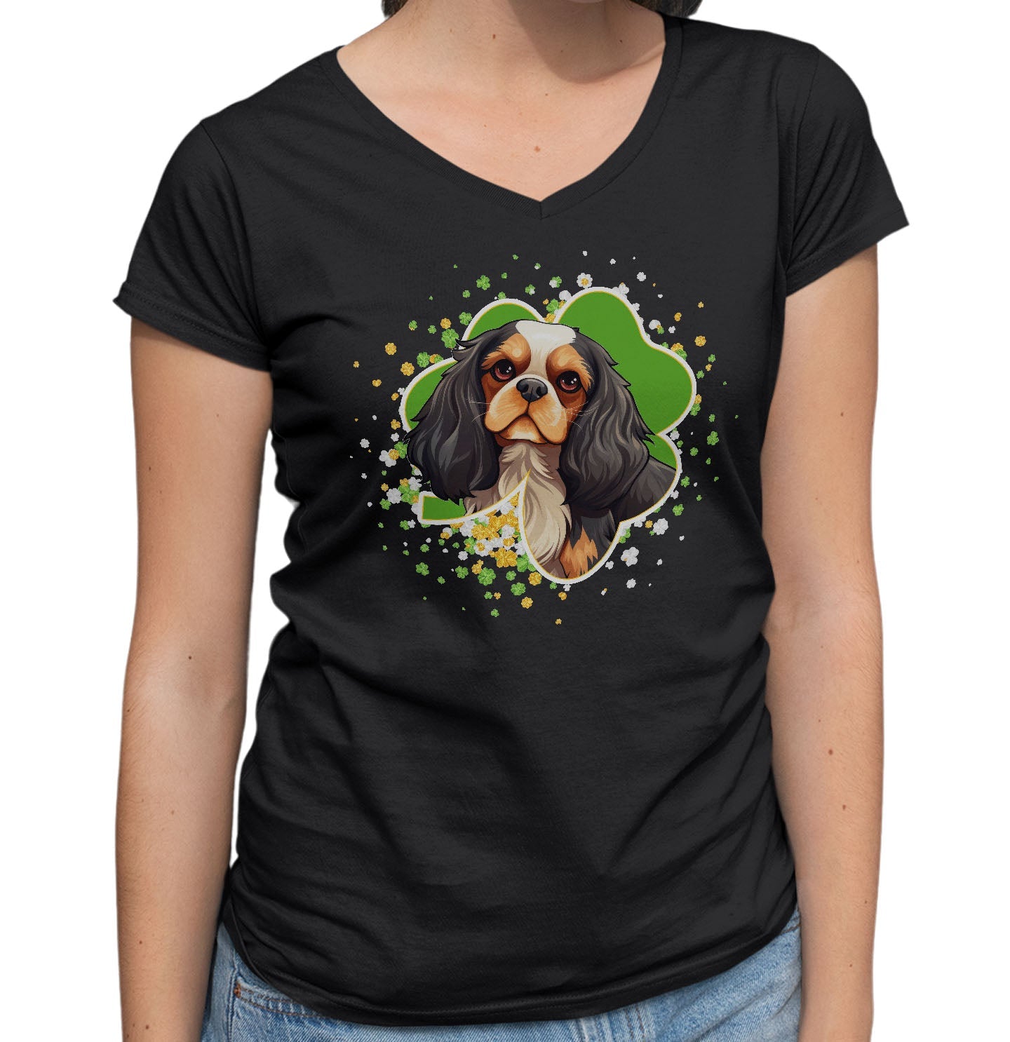 Big Clover St. Patrick's Day Cavalier King Charles Spaniel (Tri Color) - Women's V-Neck T-Shirt