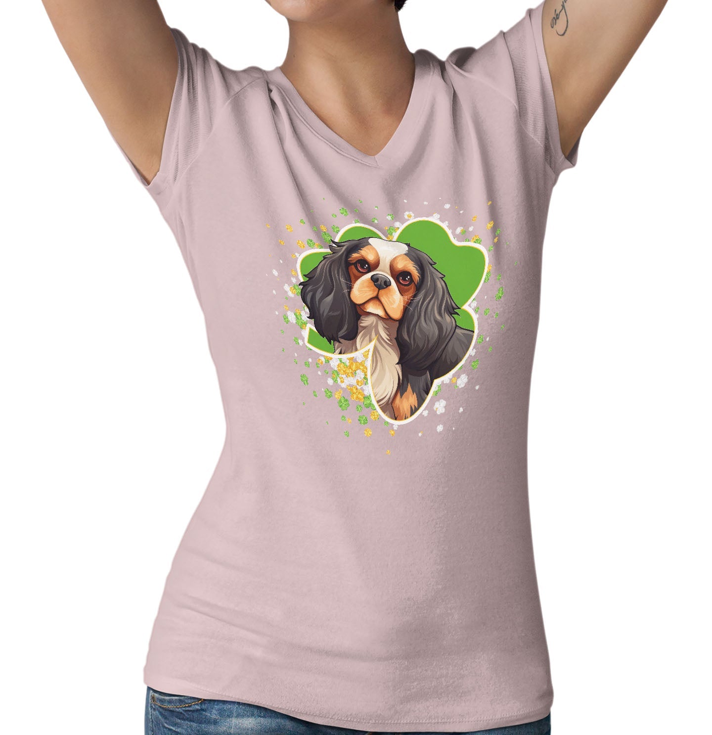 Big Clover St. Patrick's Day Cavalier King Charles Spaniel (Tri Color) - Women's V-Neck T-Shirt
