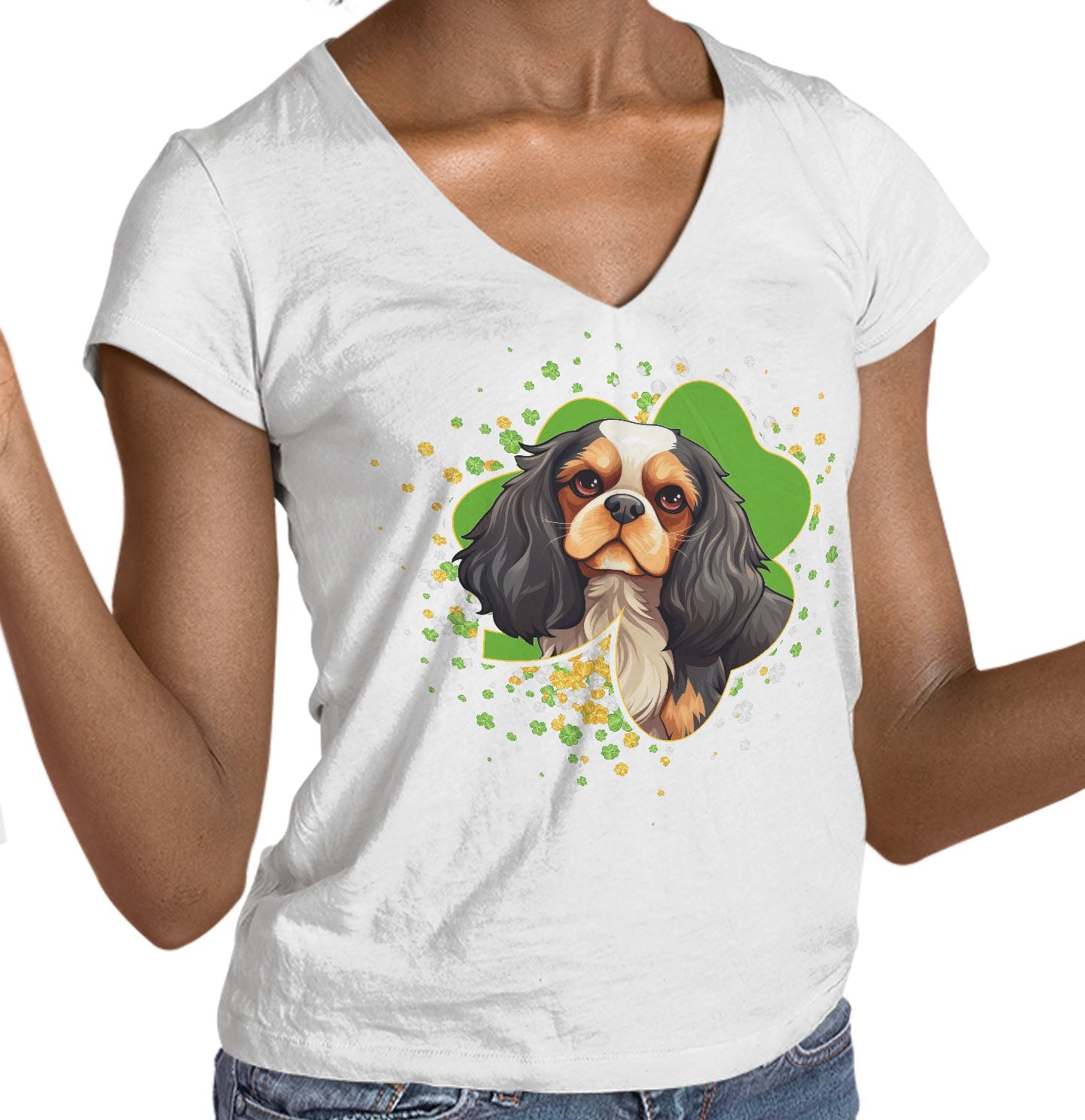 Big Clover St. Patrick's Day Cavalier King Charles Spaniel (Tri Color) - Women's V-Neck T-Shirt