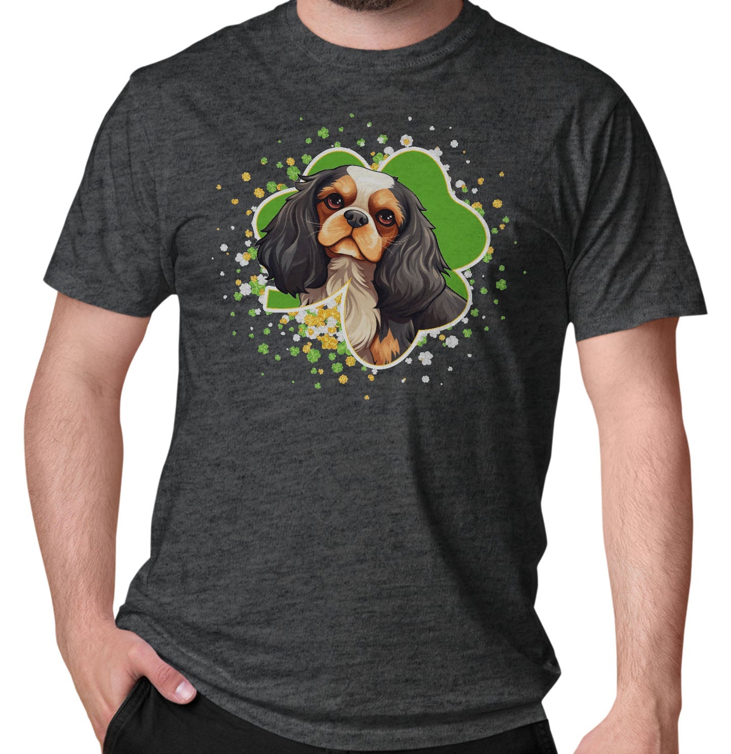 Big Clover St. Patrick's Day Cavalier King Charles Spaniel (Tri Color) - Adult Unisex T-Shirt