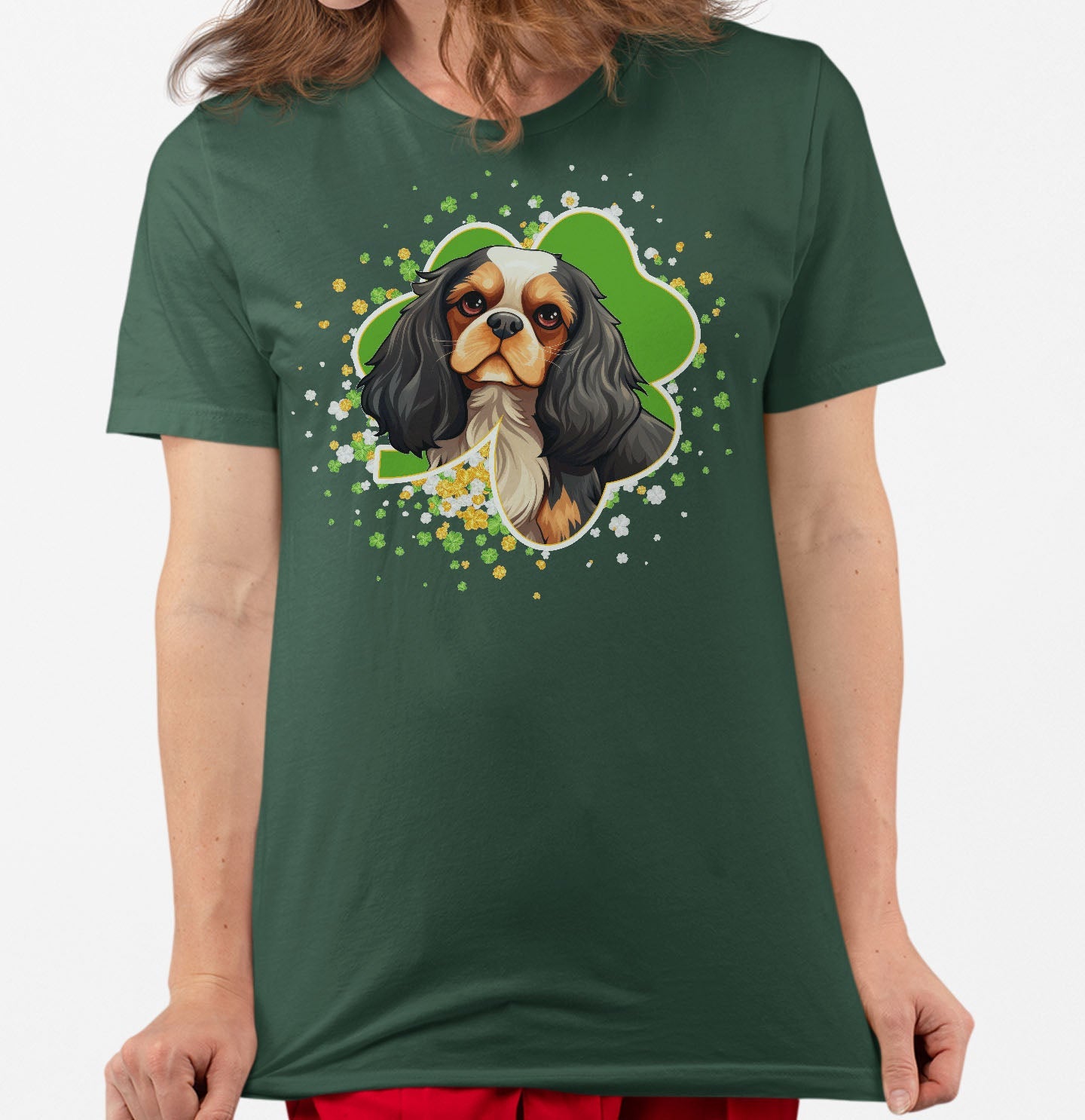 Big Clover St. Patrick's Day Cavalier King Charles Spaniel (Tri Color) - Adult Unisex T-Shirt