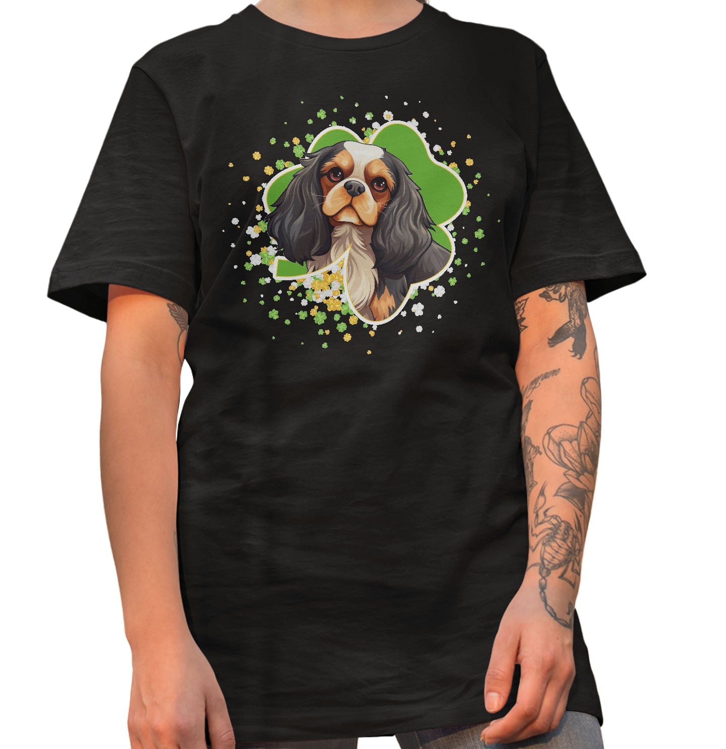 Big Clover St. Patrick's Day Cavalier King Charles Spaniel (Tri Color) - Adult Unisex T-Shirt