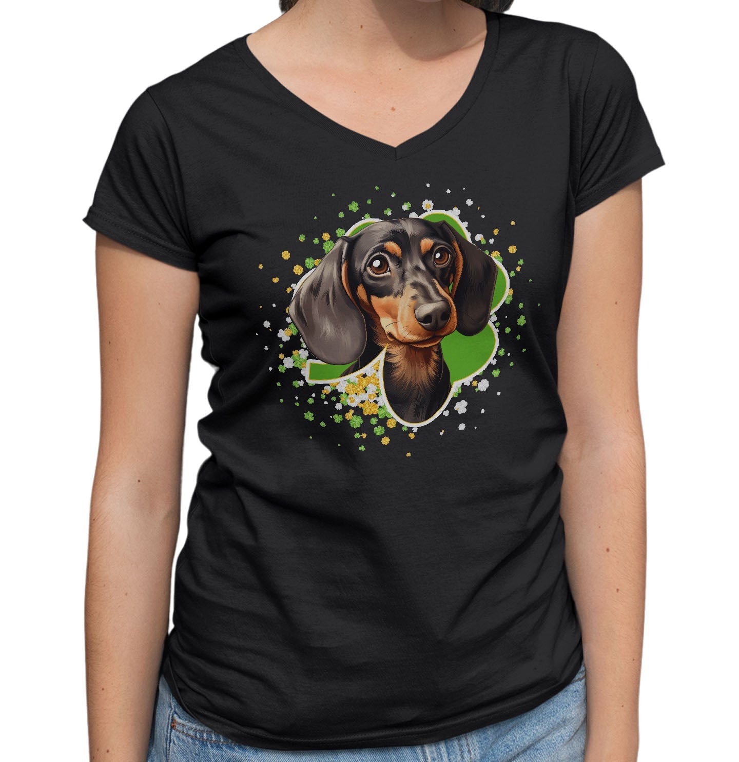 Big Clover St. Patrick's Day Dachshund - Women's V-Neck T-Shirt