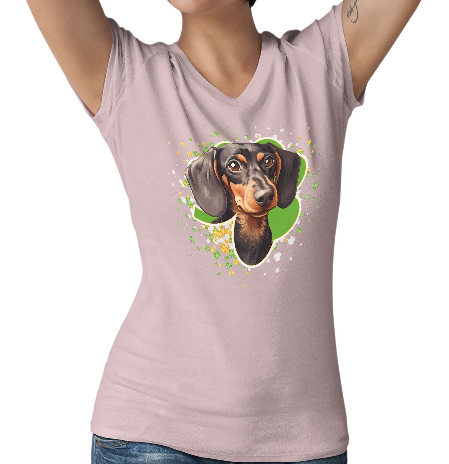 Big Clover St. Patrick's Day Dachshund - Women's V-Neck T-Shirt