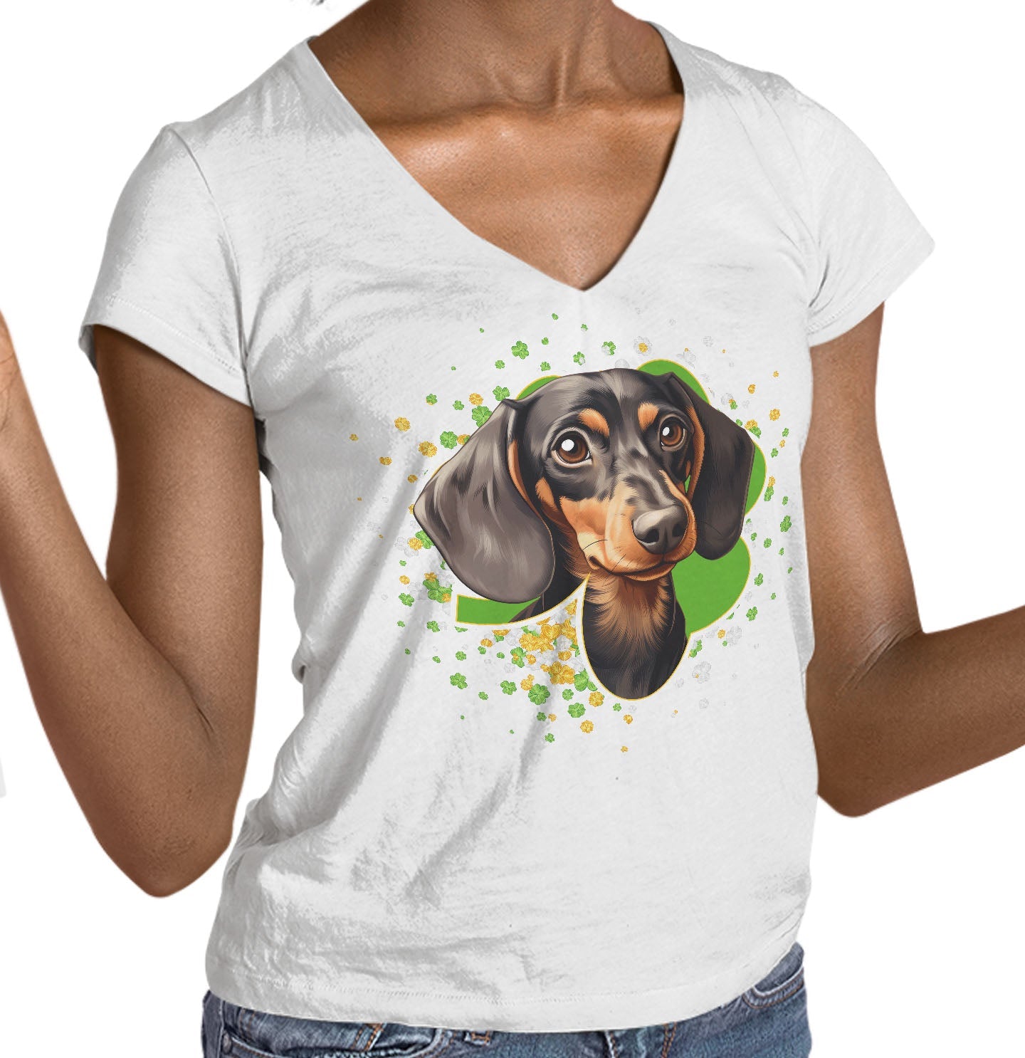 Big Clover St. Patrick's Day Dachshund - Women's V-Neck T-Shirt