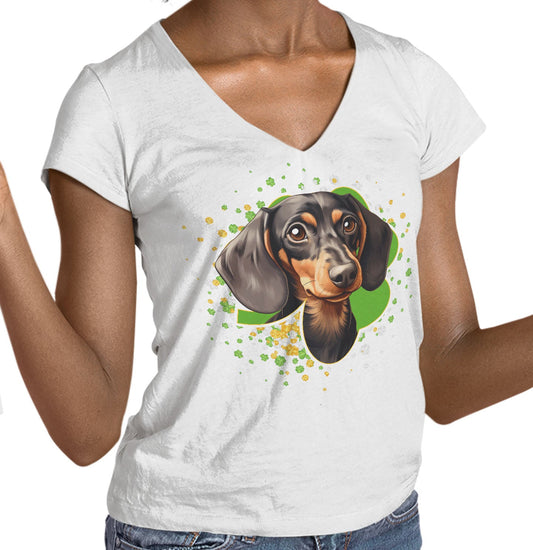 Big Clover St. Patrick's Day Dachshund - Women's V-Neck T-Shirt