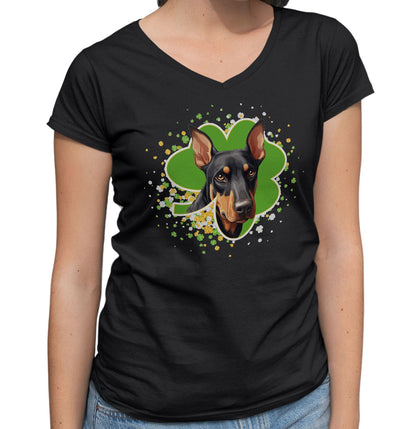 Big Clover St. Patrick's Day Doberman Pinscher - Women's V-Neck T-Shirt