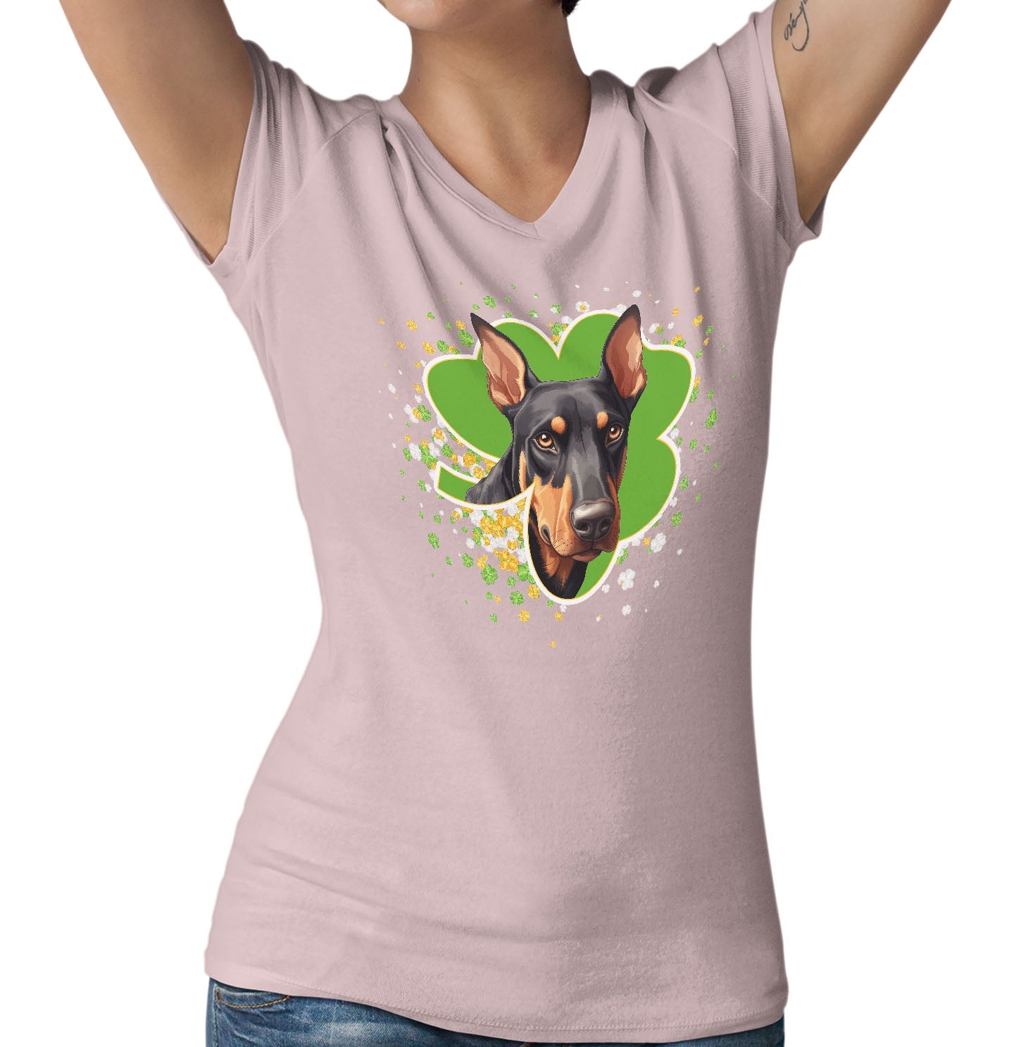 Big Clover St. Patrick's Day Doberman Pinscher - Women's V-Neck T-Shirt