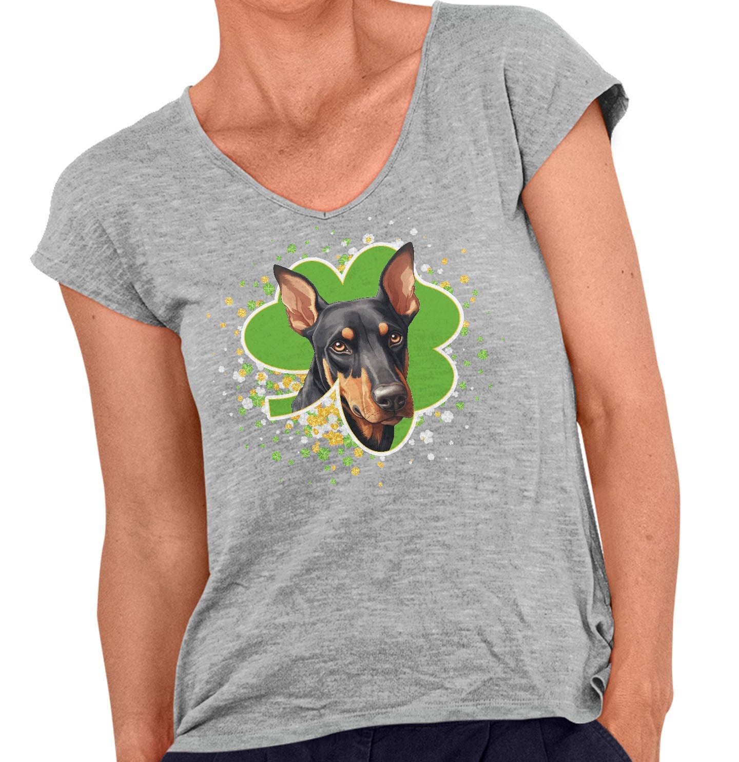 Big Clover St. Patrick's Day Doberman Pinscher - Women's V-Neck T-Shirt