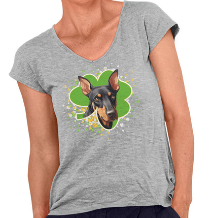 Big Clover St. Patrick's Day Doberman Pinscher - Women's V-Neck T-Shirt