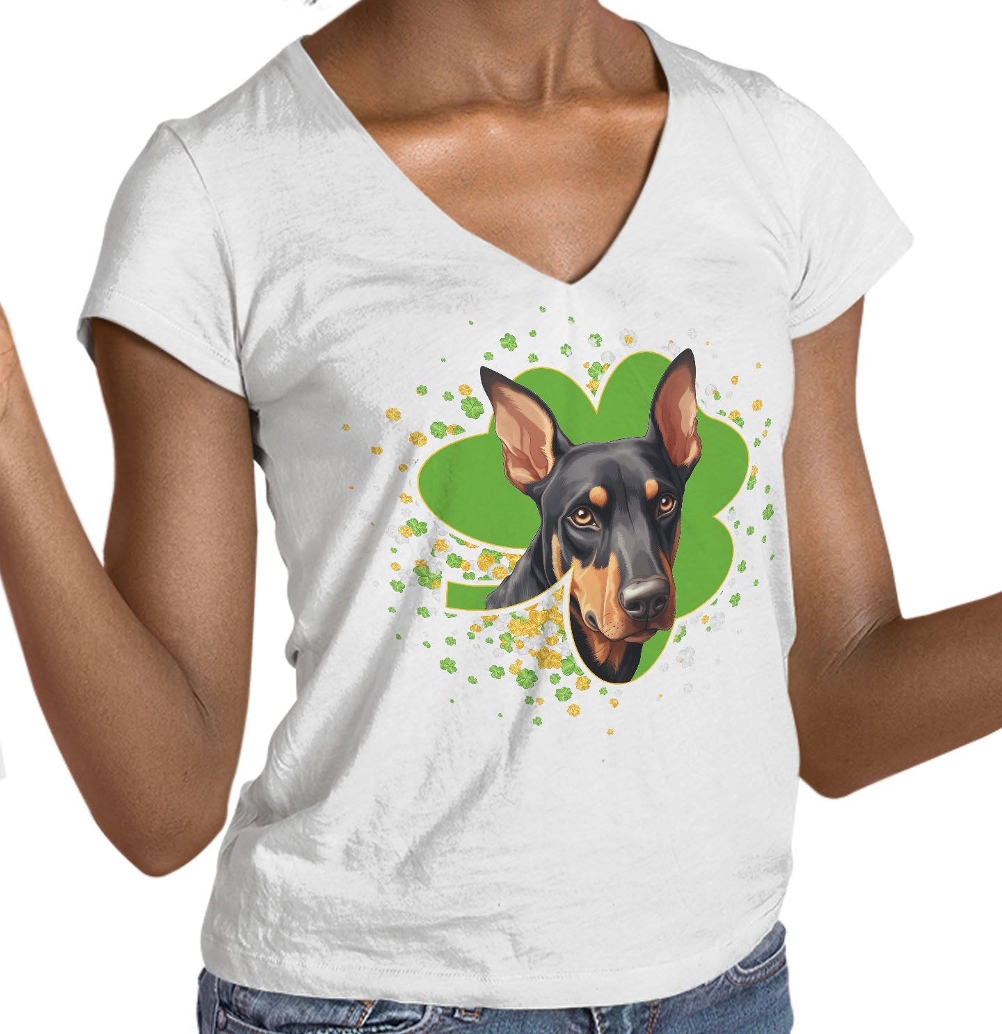 Big Clover St. Patrick's Day Doberman Pinscher - Women's V-Neck T-Shirt