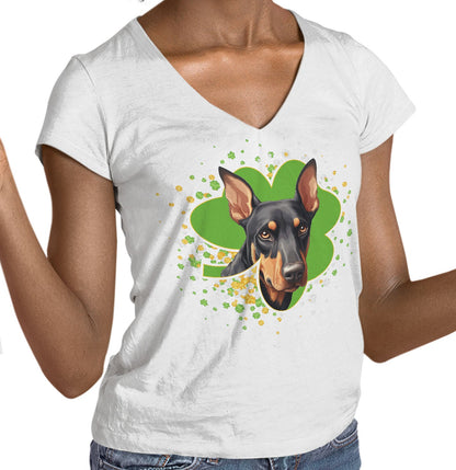 Big Clover St. Patrick's Day Doberman Pinscher - Women's V-Neck T-Shirt