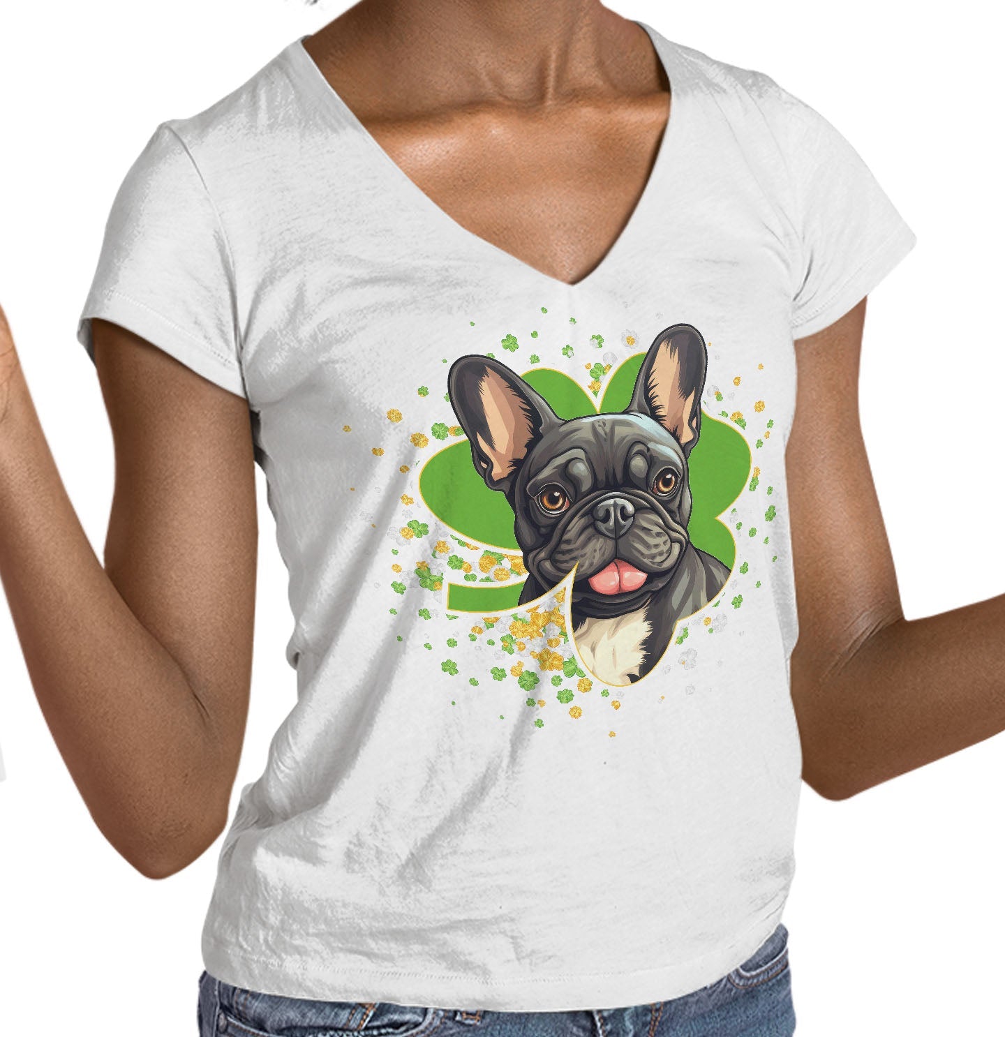 Big Clover St. Patrick's Day French Bulldog - Women's V-Neck T-Shirt