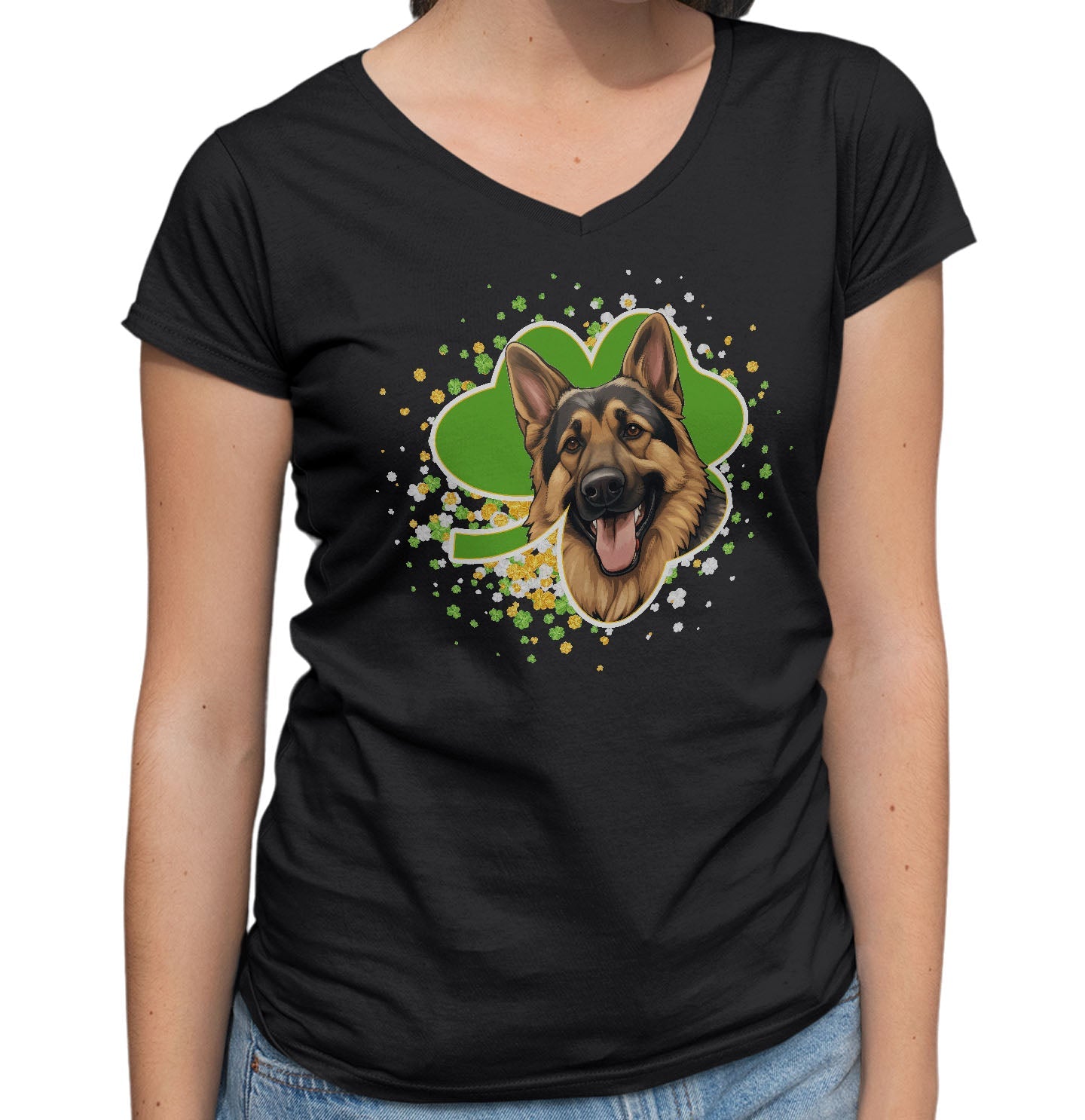 Big Clover St. Patrick's Day German Shepherd Dog - Women's V-Neck T-Shirt