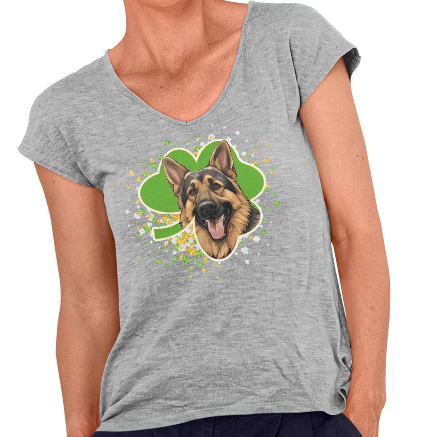 Big Clover St. Patrick's Day German Shepherd Dog - Women's V-Neck T-Shirt