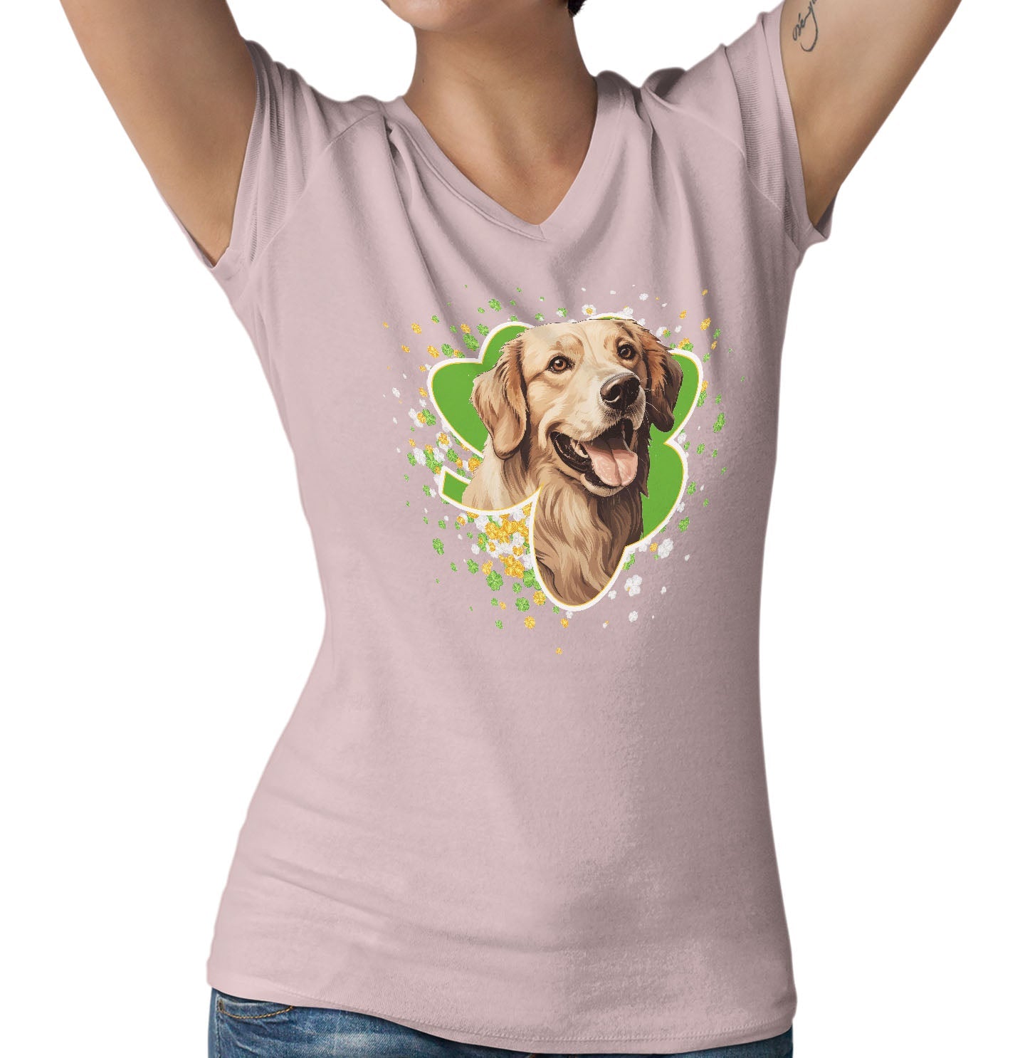 Big Clover St. Patrick's Day Golden Retriever - Women's V-Neck T-Shirt