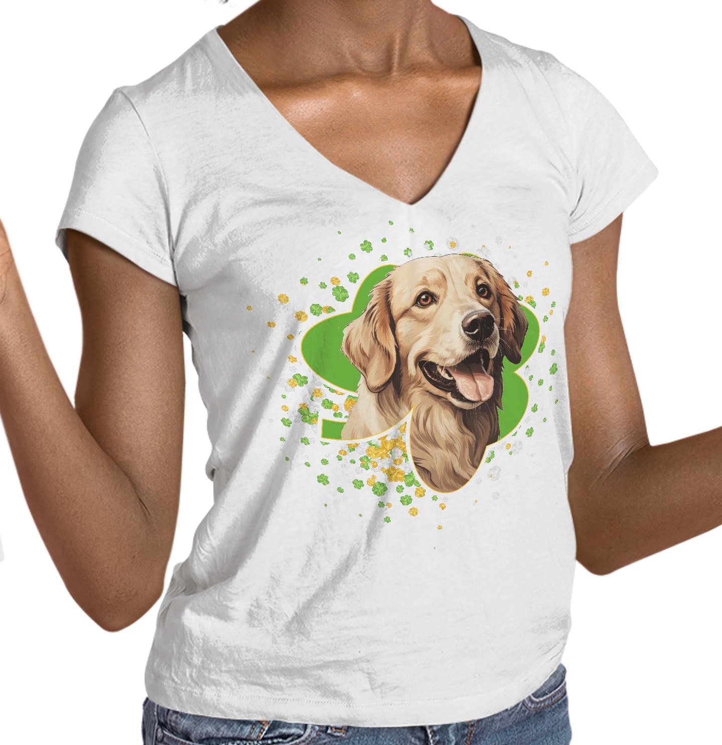 Big Clover St. Patrick's Day Golden Retriever - Women's V-Neck T-Shirt