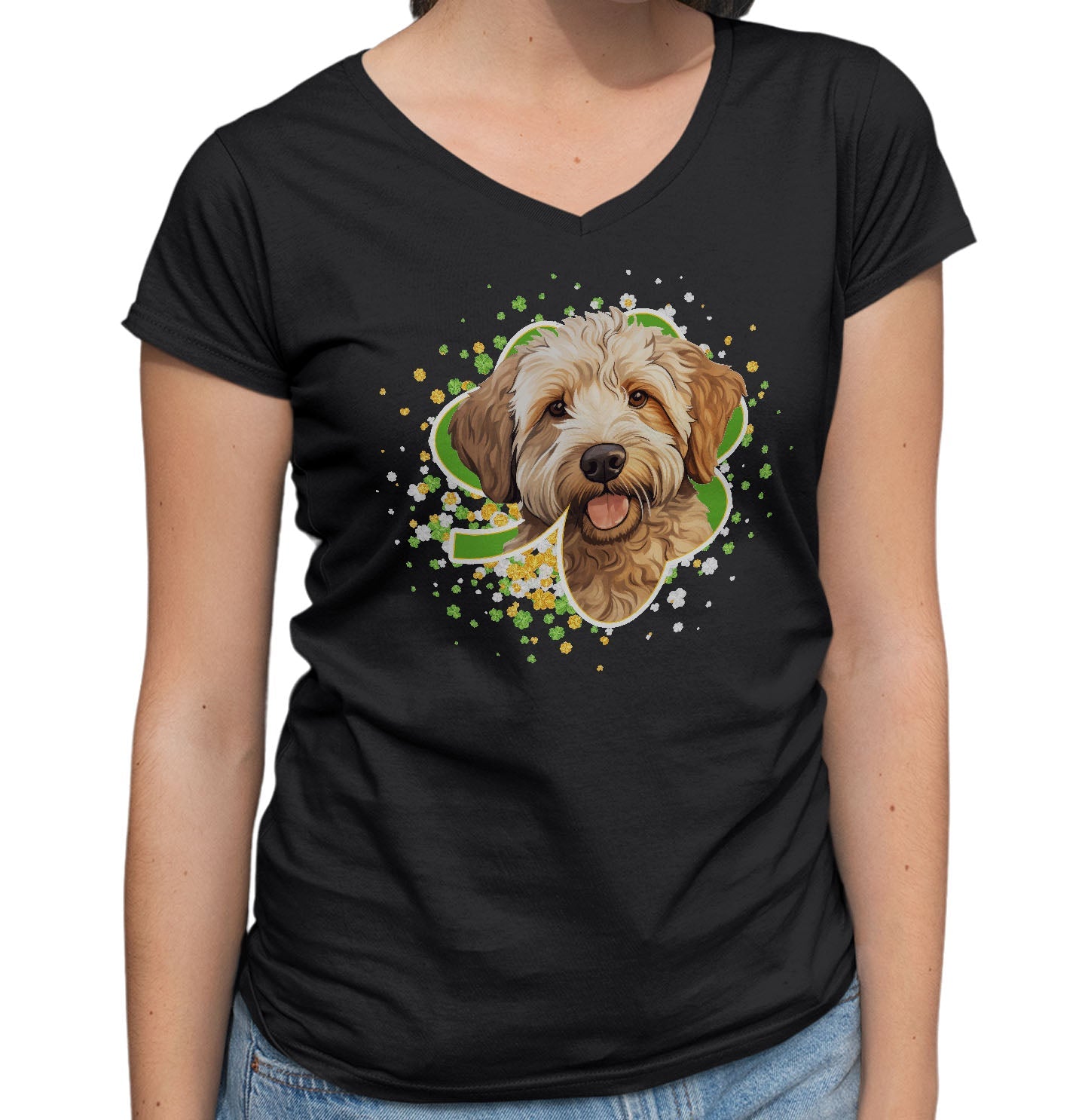 Big Clover St. Patrick's Day Labradoodle (Yellow) - Women's V-Neck T-Shirt